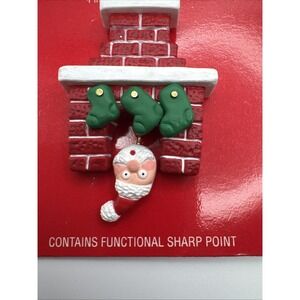 Vtg 80s 90s Hallmark Christmas Pin Brooch Dangling Santa Claus Fireplace Plastic